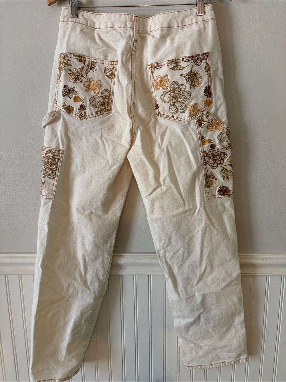 Driftwood Free People Cream Floral Embroidered Straight-Leg Carpenter Jeans